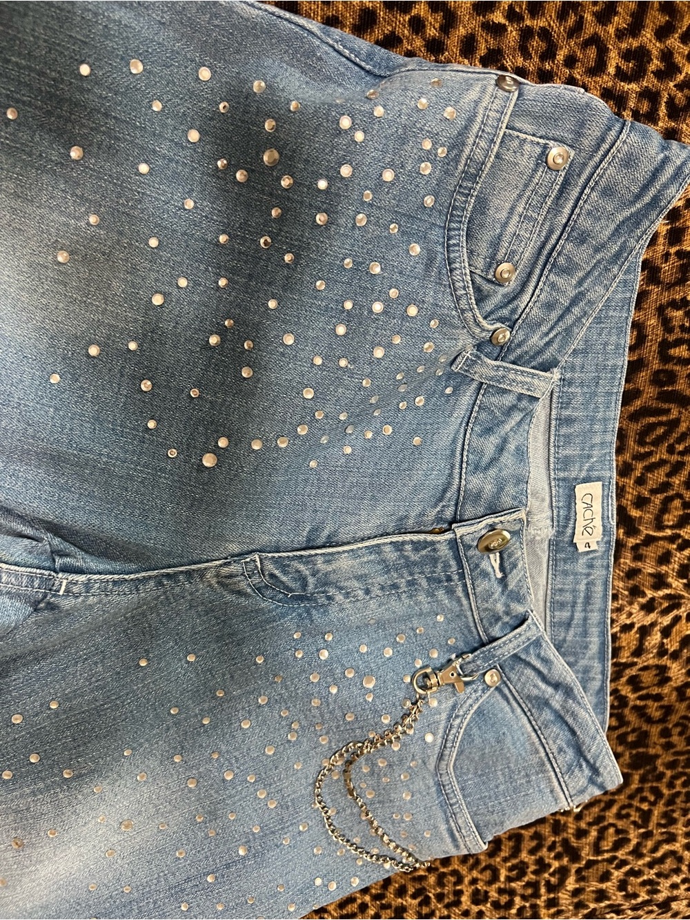 Cache Light Blue Straight Leg Jeans with Silver Studs and Chain Accent